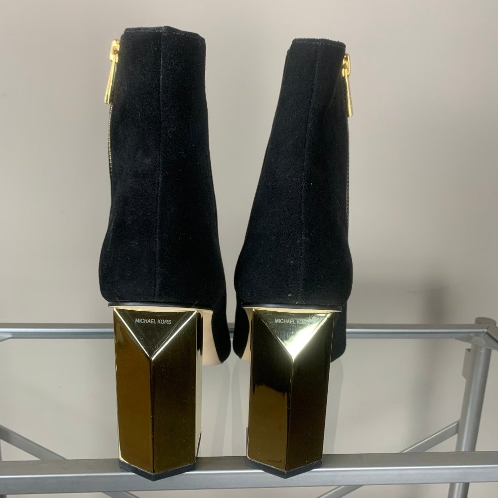 Michael Kors Black Microfiber Ankle Boots with Chunky Gold Heel NWOT - Picture 3 of 12
